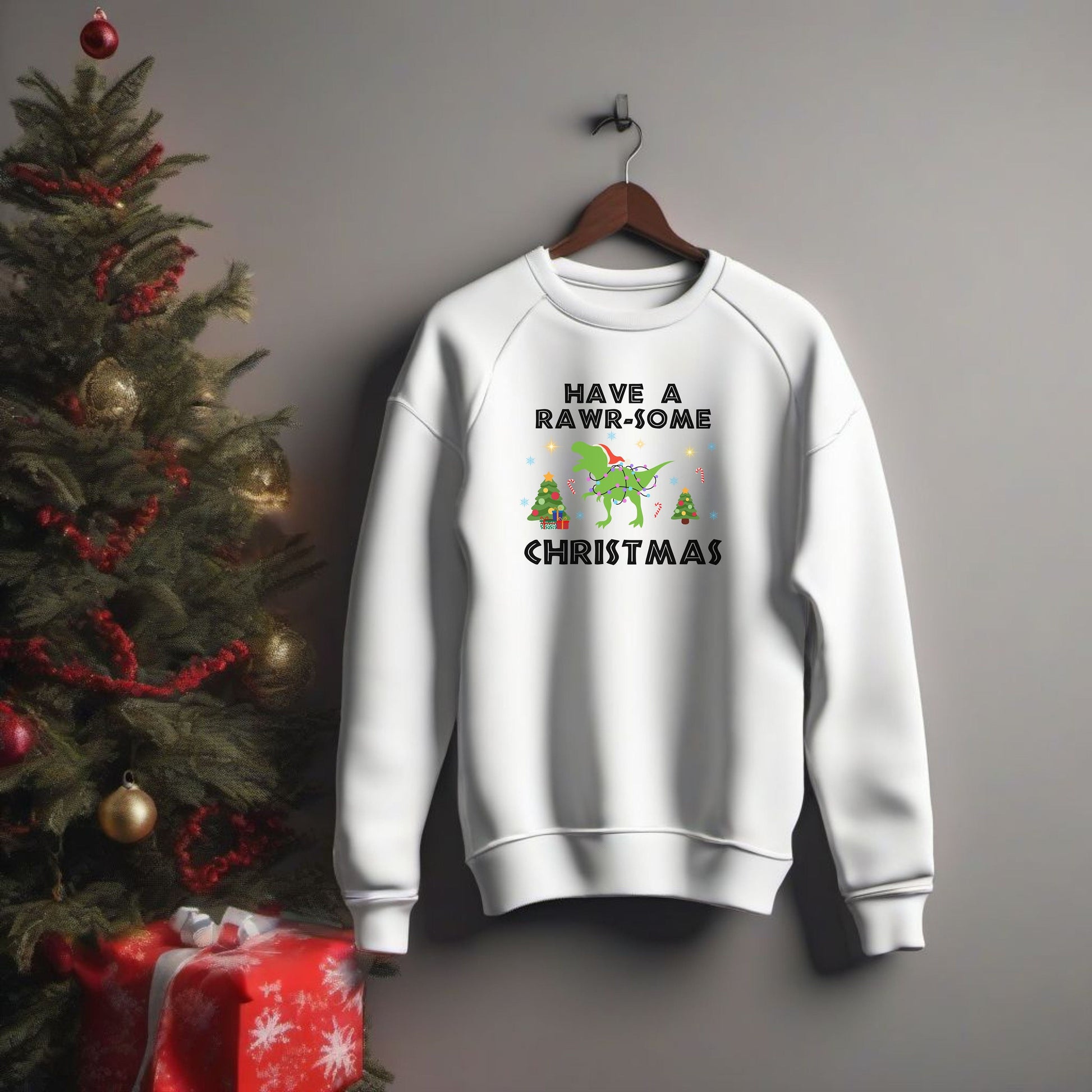 Kids Dinosaur Christmas Sweatshirt, Xmas Dino Sweater, Kids X-Mas Party Sweatshirt, Dinosaur Lover Holiday Shirt, Youth Dino Xmas Sweatshirt
