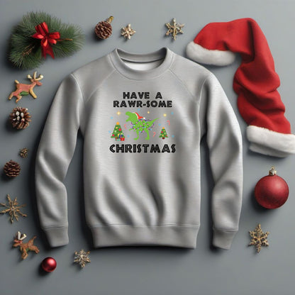 Kids Dinosaur Christmas Sweatshirt, Xmas Dino Sweater, Kids X-Mas Party Sweatshirt, Dinosaur Lover Holiday Shirt, Youth Dino Xmas Sweatshirt
