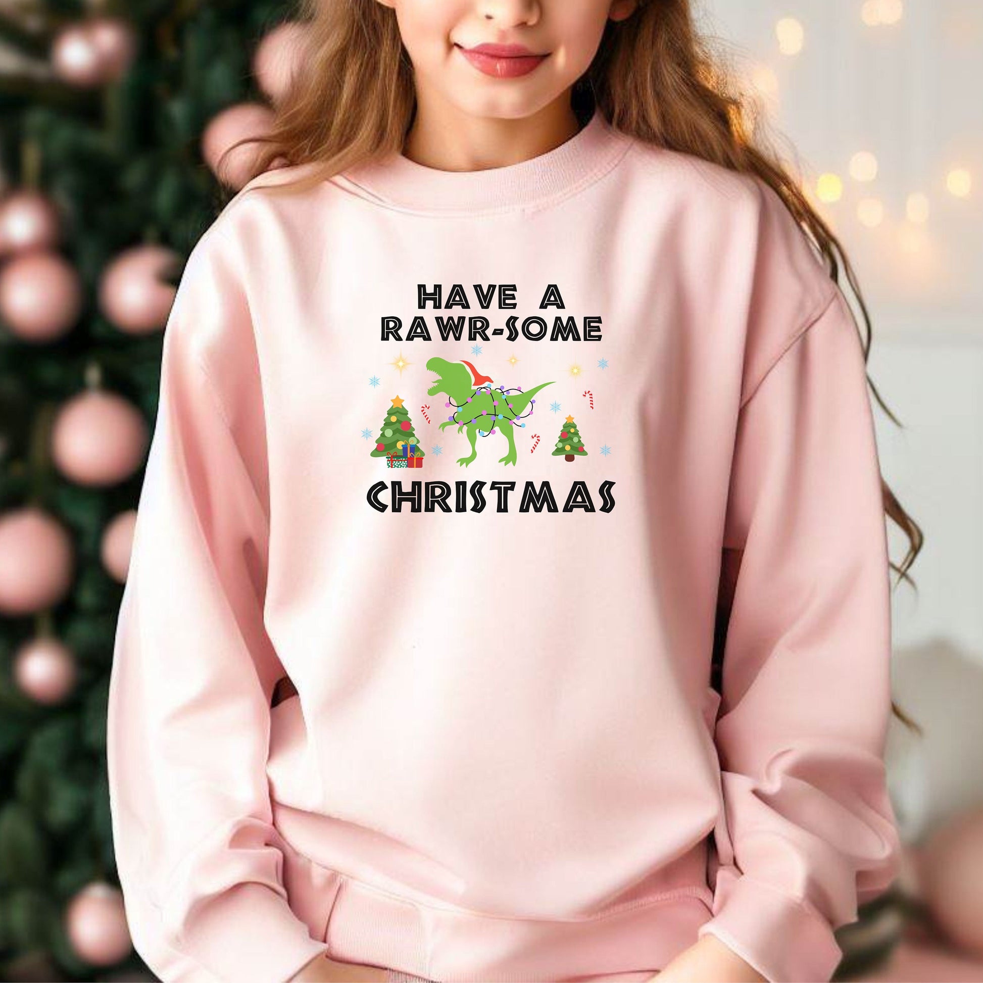 Kids Dinosaur Christmas Sweatshirt, Xmas Dino Sweater, Kids X-Mas Party Sweatshirt, Dinosaur Lover Holiday Shirt, Youth Dino Xmas Sweatshirt