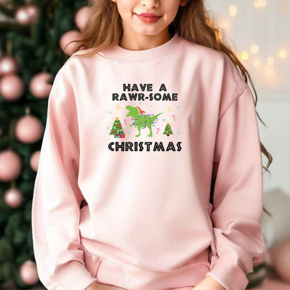Kids Dinosaur Christmas Sweatshirt, Xmas Dino Sweater, Kids X-Mas Party Sweatshirt, Dinosaur Lover Holiday Shirt, Youth Dino Xmas Sweatshirt