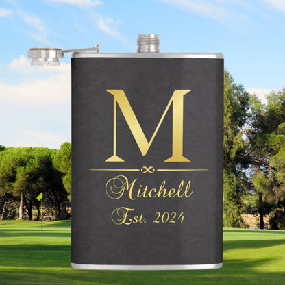 Custom Vinyl Leather Flask, Personalized Flask for Men, 6 or 8 oz Hip Flask, Gift for Groomsman, Gift for Dad, Gift for Golfer, Golf Flask