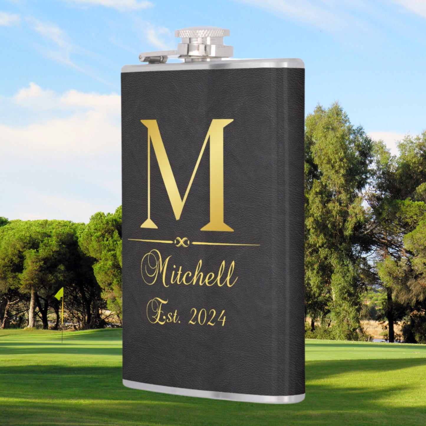 Custom Vinyl Leather Flask, Personalized Flask for Men, 6 or 8 oz Hip Flask, Gift for Groomsman, Gift for Dad, Gift for Golfer, Golf Flask
