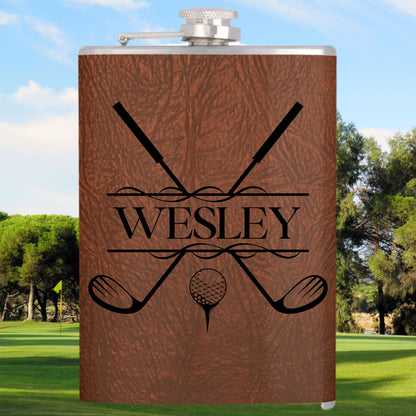 Custom Vinyl Leather Flask, Personalized Flask for Men, 6 or 8 oz Hip Flask, Gift for Groomsman, Gift for Dad, Gift for Golfer, Golf Flask
