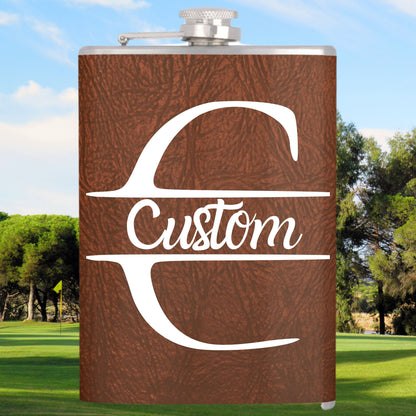 Custom Vinyl Leather Flask, Personalized Flask for Men, 6 or 8 oz Hip Flask, Gift for Groomsman, Gift for Dad, Gift for Golfer, Golf Flask