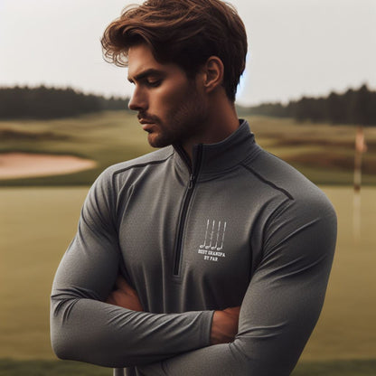 a man with his arms crossed standing in front of a golf course