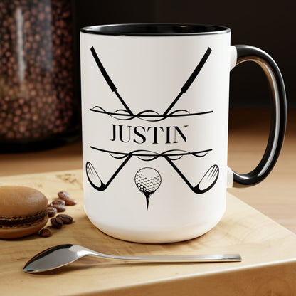 a coffee mug with a spoon and a spoon rest on a cutting board