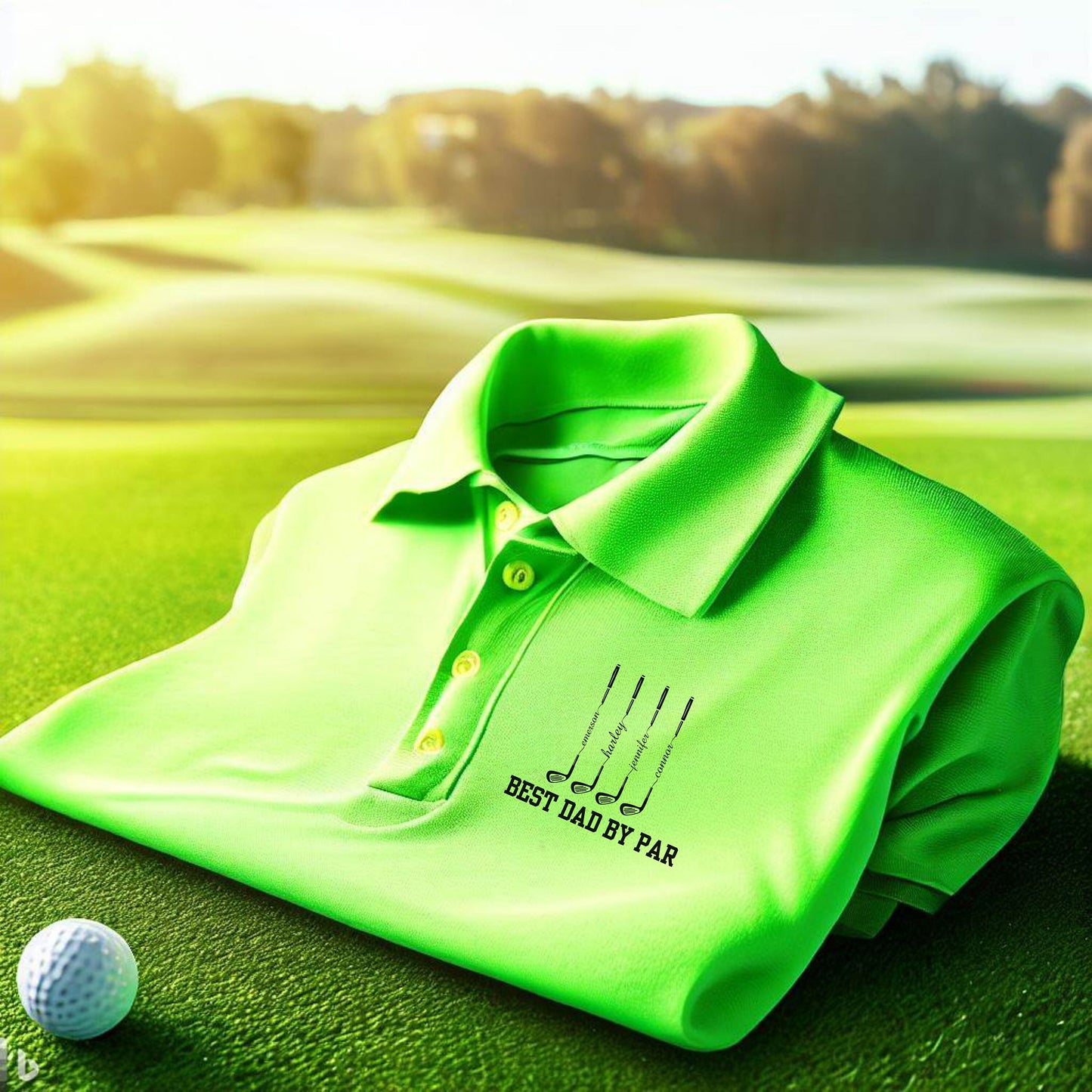 a green polo shirt sitting on top of a green field
