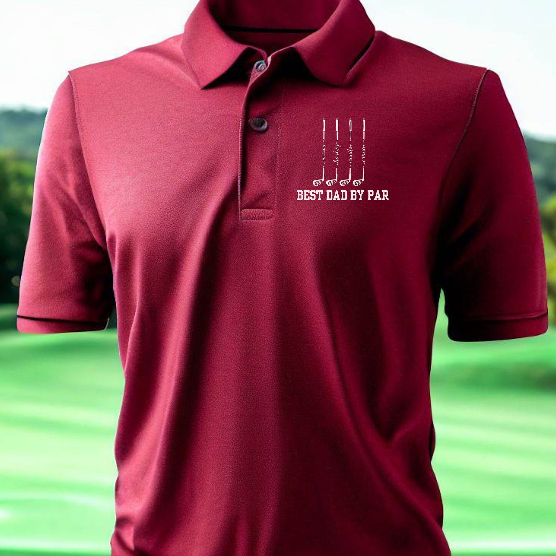 a red polo shirt that says best dad by far